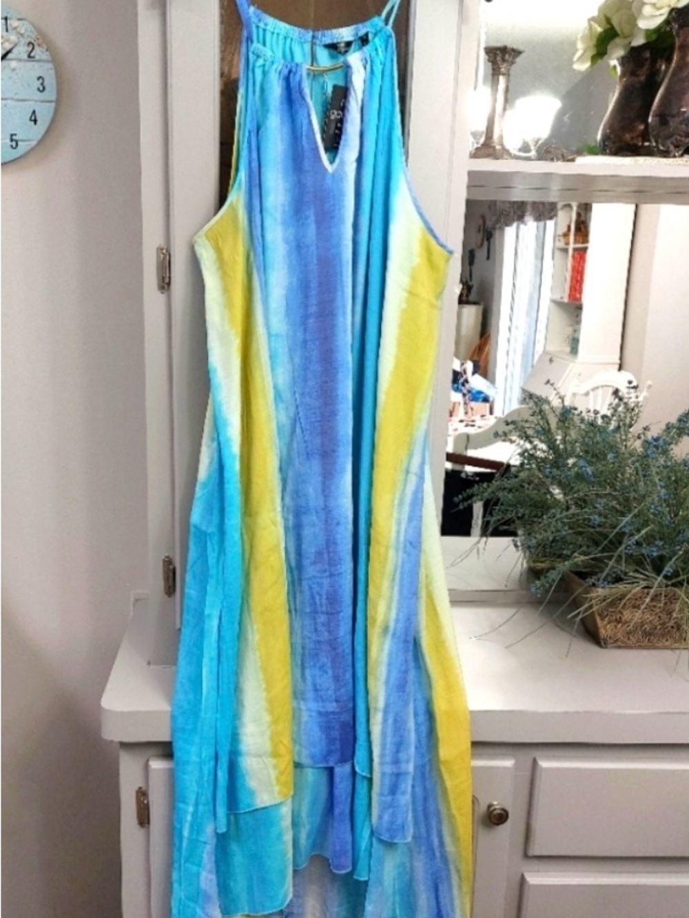 Tie-Dye Asymmetrical Maxi Dress in Blue and Yellow